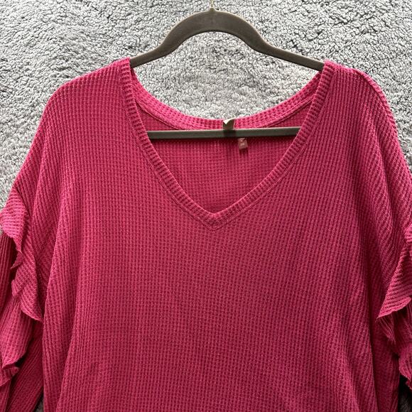 Pilcro XL Pink Waffle Knit Long Sleeve Ruffle V-Neck Shirt Frilly Girly Casual - Picture 2 of 9